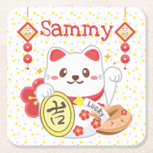 Posavasos Cuadrado De Papel Gato de la Suerte Oriental Kawaii