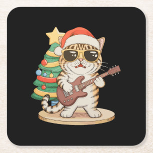 Posavasos Cuadrado De Papel Gato de Navidad tocando guitarra Rock Jazz Sombrer