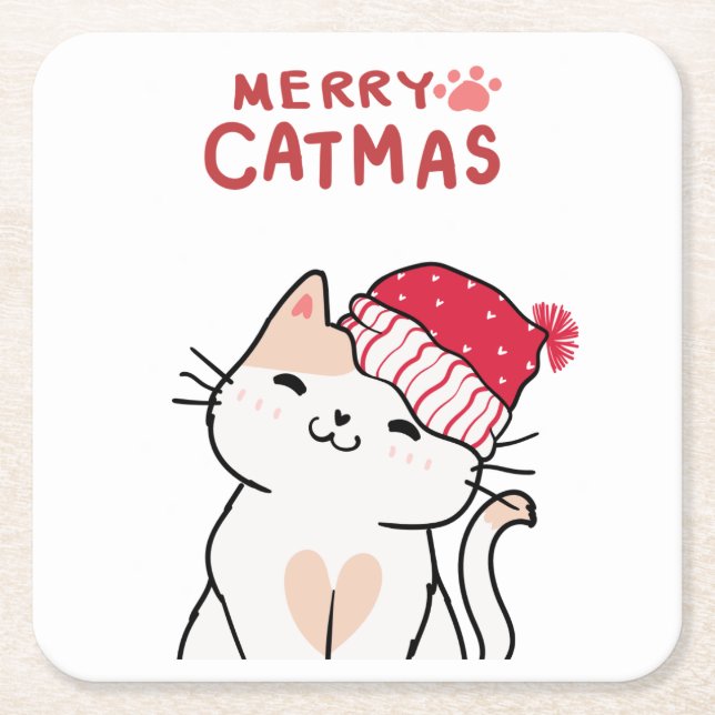 Posavasos Cuadrado De Papel Gato de Navidades divertidos amante de Santa Hat K (Anverso)