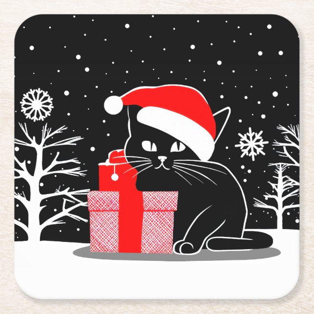 Posavasos Cuadrado De Papel Gato de Navidades negros (Anverso)