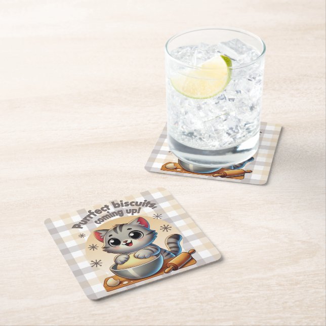 Posavasos Cuadrado De Papel Gato de rodillas "Procure galletas, venga" (In situ)