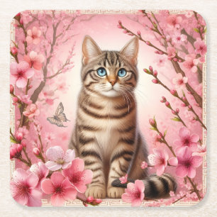 Posavasos Cuadrado De Papel Gato de Tabby Gato Gatito japonés Flor de cerezo G