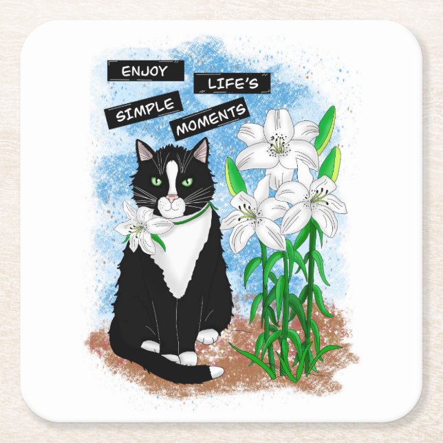 Posavasos Cuadrado De Papel Gato de Tuxedo y Lilies | Oferta Inspiradora (Anverso)