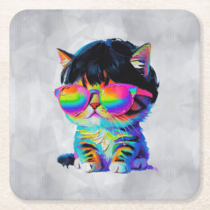 Posavasos Cuadrado De Papel Gato Divertido Pequeño y Lindo (Pintura No. 1)
