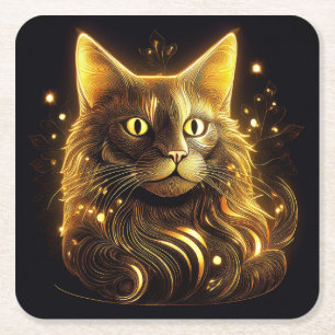 Posavasos Cuadrado De Papel Gato dorado de neón de fantasía