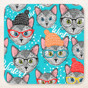 Posavasos Cuadrado De Papel Gato en el gorra