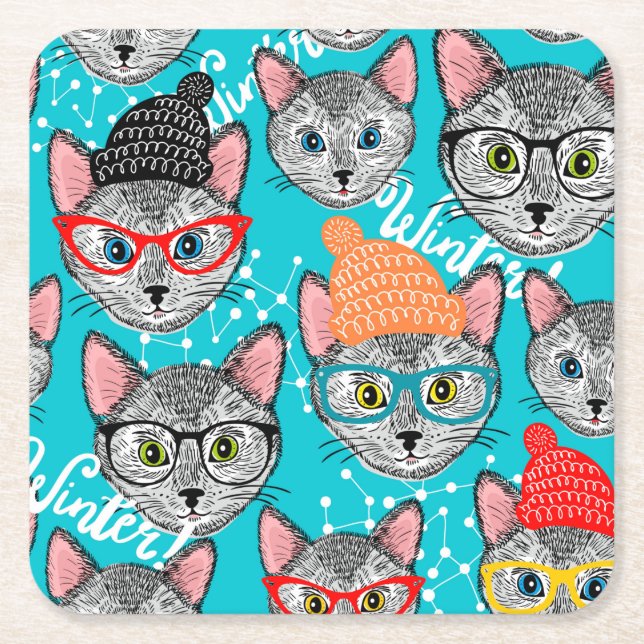 Posavasos Cuadrado De Papel Gato en el gorra (Anverso)