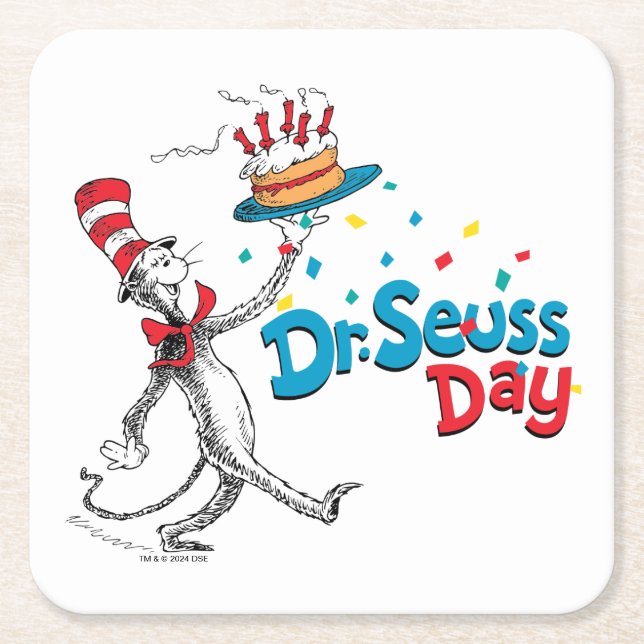 Posavasos Cuadrado De Papel Gato en el Gorra | Día del Dr. Seuss (Anverso)