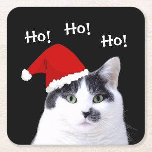 Posavasos Cuadrado De Papel Gato en Santa Hat