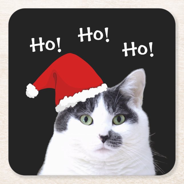 Posavasos Cuadrado De Papel Gato en Santa Hat (Anverso)