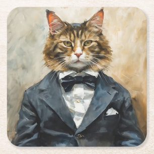 Posavasos Cuadrado De Papel Gato en un traje