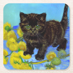 Posavasos Cuadrado De Papel Gato estilo Van Gogh con girasoles