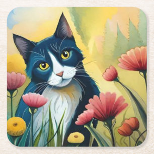 Posavasos Cuadrado De Papel gato FLoral