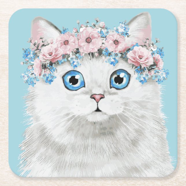 Posavasos Cuadrado De Papel Gato floral blanco dulce (Anverso)