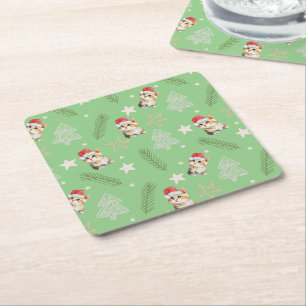 Posavasos Cuadrado De Papel Gato gatito kit de acuarela verde Santa Feliz Navi