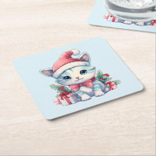 Posavasos Cuadrado De Papel Gato gatito lindo en un sombrero de Santa Navidad