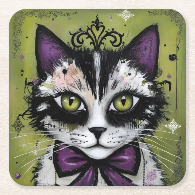 Posavasos Cuadrado De Papel Gato Gótico (Anverso)
