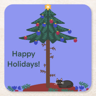 Posavasos Cuadrado De Papel Gato gracioso con árbol de Navidad
