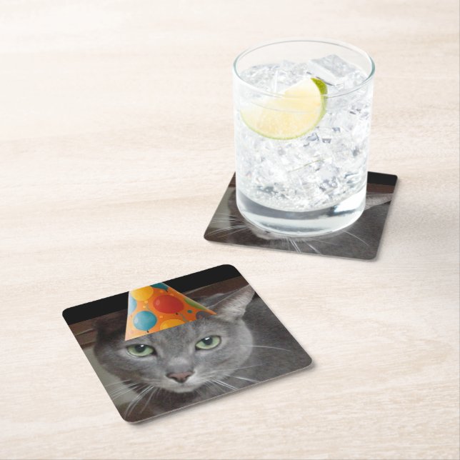 Posavasos Cuadrado De Papel Gato gris Gorra fiesta (In situ)