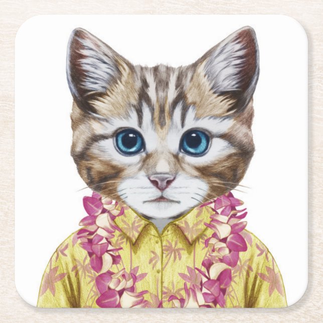 Posavasos Cuadrado De Papel Gato hawaiano del gatito (Anverso)