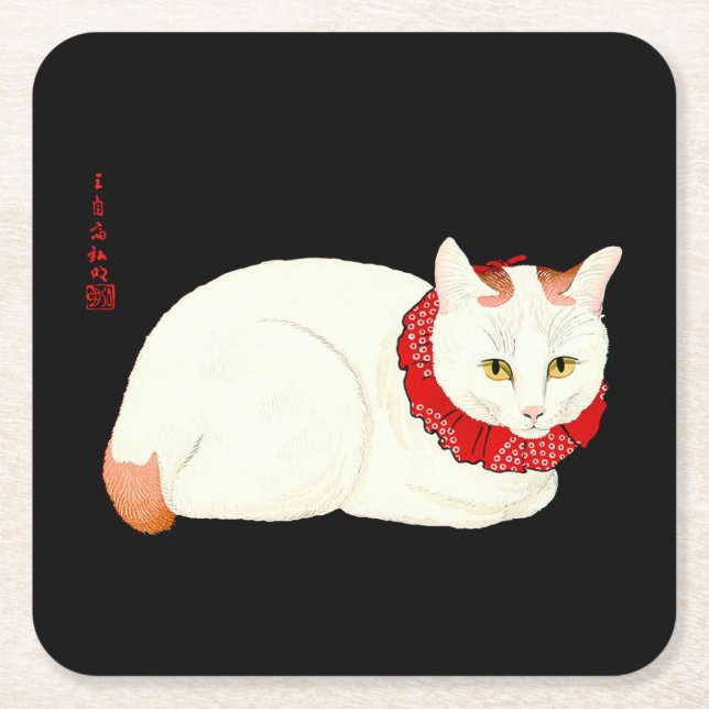 Posavasos Cuadrado De Papel Gato japonés blanco y jengibre (Anverso)