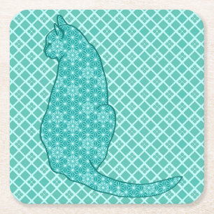 Posavasos Cuadrado De Papel Gato japonés - Impresión de kimono turquesa