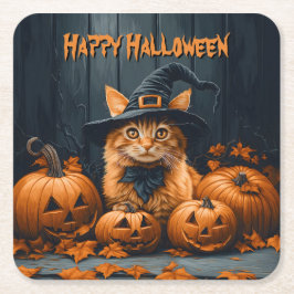 Posavasos Cuadrado De Papel Gato jengibre con calabazas Halloween