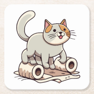 Posavasos Cuadrado De Papel Gato jugando con papel higiénico