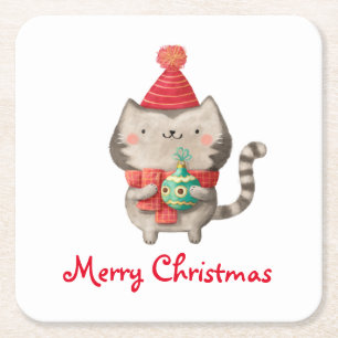 Posavasos Cuadrado De Papel Gato lindo del navidad