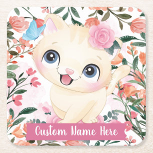 Posavasos Cuadrado De Papel Gato Lindo Rosas Rosadas Flores de Rubor Nombre Pe