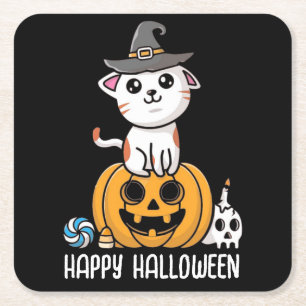 Posavasos Cuadrado De Papel Gato Lindo Sentado en Calabaza Halloween