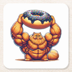 Posavasos Cuadrado De Papel Gato Musculoso Levantando Donut