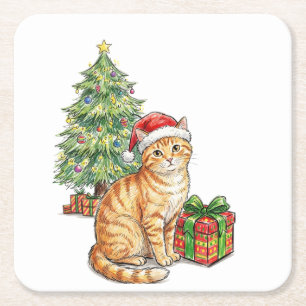 Posavasos Cuadrado De Papel Gato Naranja Lindo Sombrero de Santa Adorno de Nav