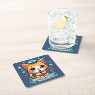 Posavasos Cuadrado De Papel Gato Náutico Kawaii Ancla de Vela Juego de Palabra