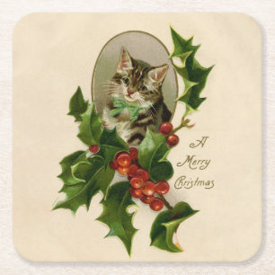 Posavasos Cuadrado De Papel Gato Navidades Merry Holly Kitten Arte Antiguo