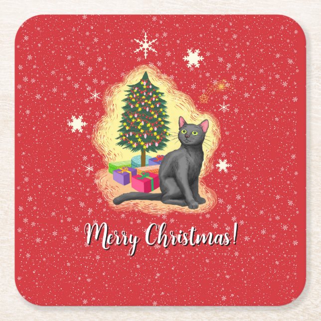 Posavasos Cuadrado De Papel Gato navideño (Anverso)