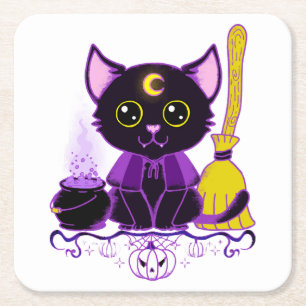 Posavasos Cuadrado De Papel Gato negro brujo de Halloween lindo