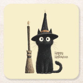 Posavasos Cuadrado De Papel Gato Negro Caprichoso Feliz Halloween