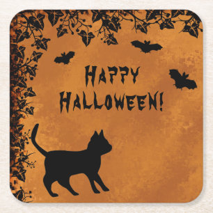 Posavasos Cuadrado De Papel Gato negro con murciélago, Feliz Halloween
