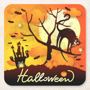 Posavasos Cuadrado De Papel Gato negro de Halloween