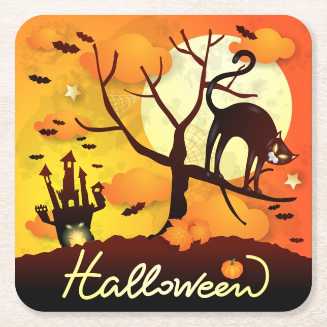 Posavasos Cuadrado De Papel Gato negro de Halloween (Anverso)