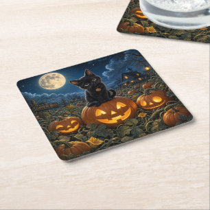 Posavasos Cuadrado De Papel Gato negro de Halloween