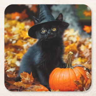 Posavasos Cuadrado De Papel Gato negro de Halloween y calabaza