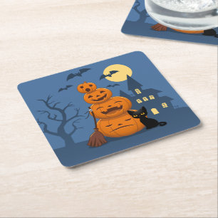 Posavasos Cuadrado De Papel Gato negro de Halloween y calabazas