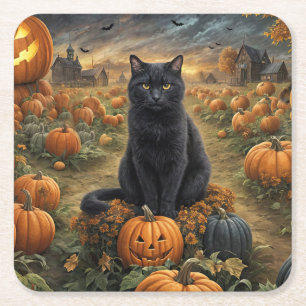 Posavasos Cuadrado De Papel Gato negro de Halloween y calabazas