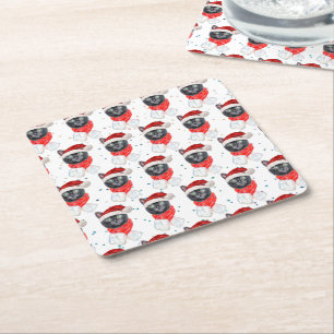 Posavasos Cuadrado De Papel Gato negro de Navidad con bufanda roja