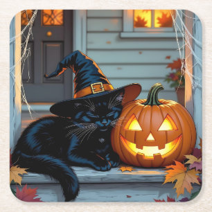 Posavasos Cuadrado De Papel Gato negro durmiendo sobre calabaza de Halloween