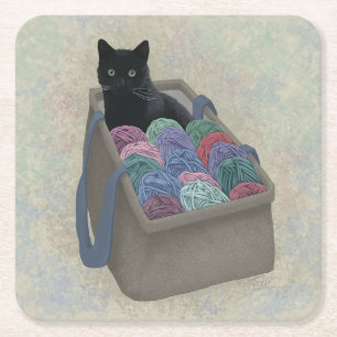 Posavasos Cuadrado De Papel Gato negro en bolsa de hilo