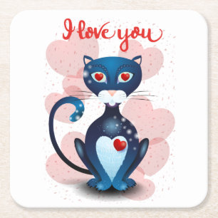 Posavasos Cuadrado De Papel Gato negro enamorado