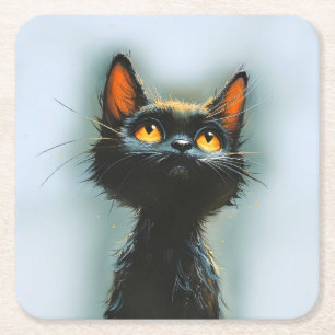 Posavasos Cuadrado De Papel Gato negro encantado